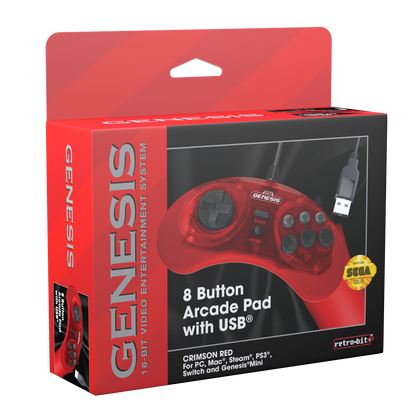 SEGA Genesis 8-Button USB Arcade Pad - Crimson Red - CastleMania Games